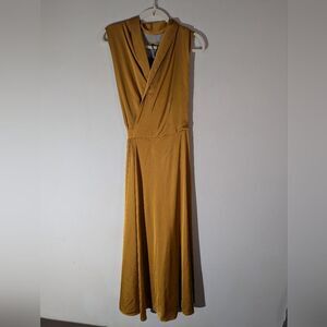 Tavrovska Mustard Yellow Gold Satin Genuine Wrap Maxi Dress Gown NWT